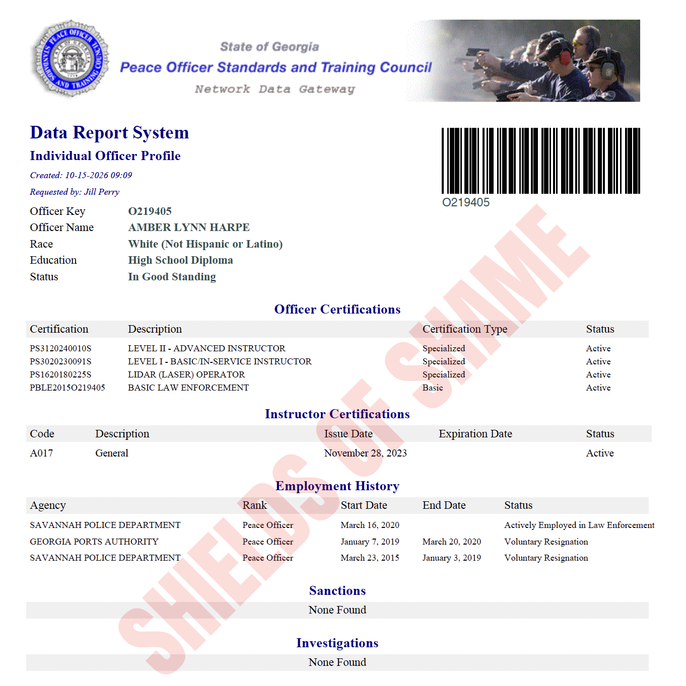 Supplied Amber Lynn Harpe certification record image