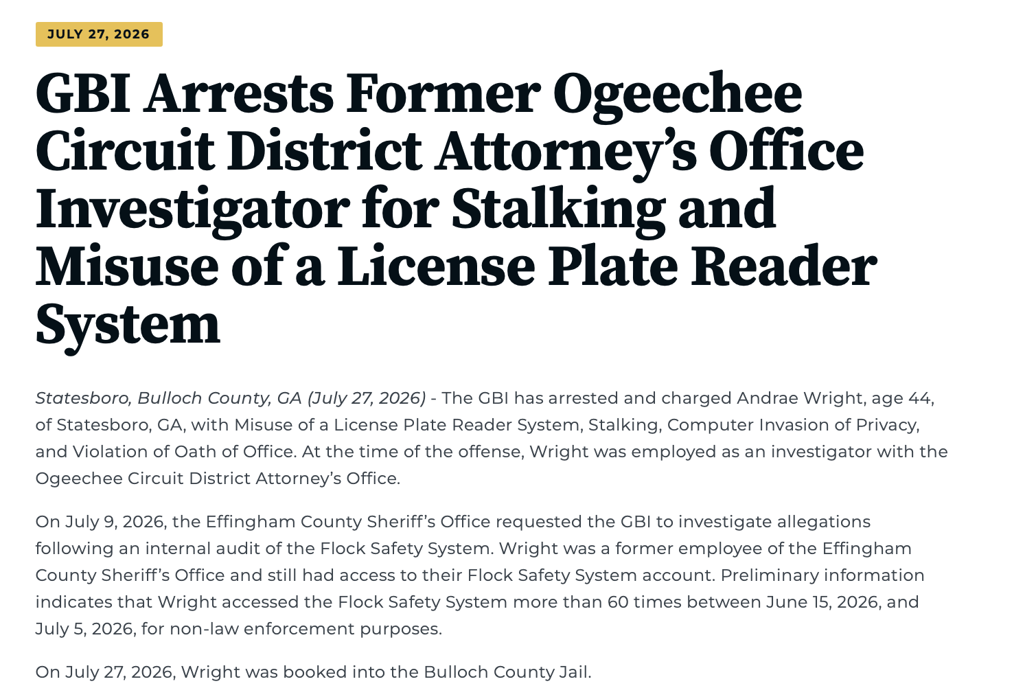 GBI arrest announcement concerning former Ogeechee Circuit investigator Andrae Wright