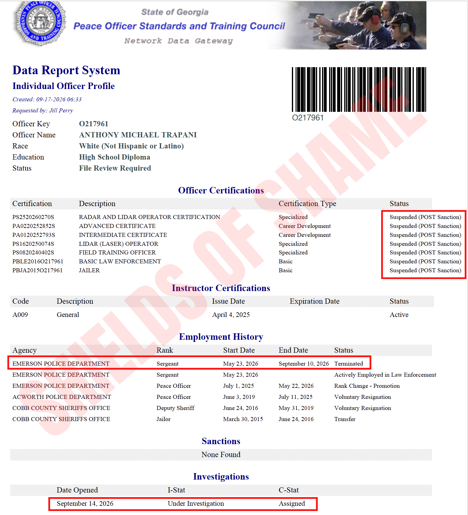Supplied Georgia POST certification summary image for Anthony Michael Trapani
