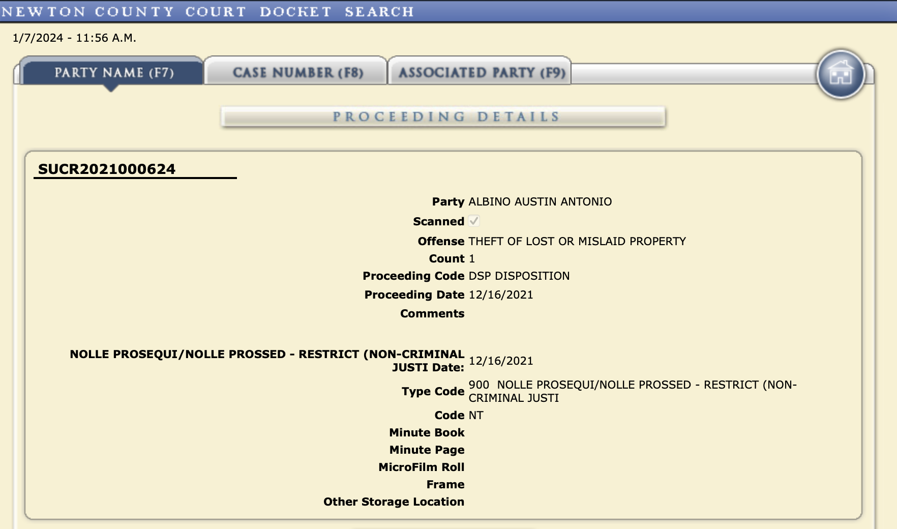 Court proceeding details showing December 16 2021 nolle prosequi