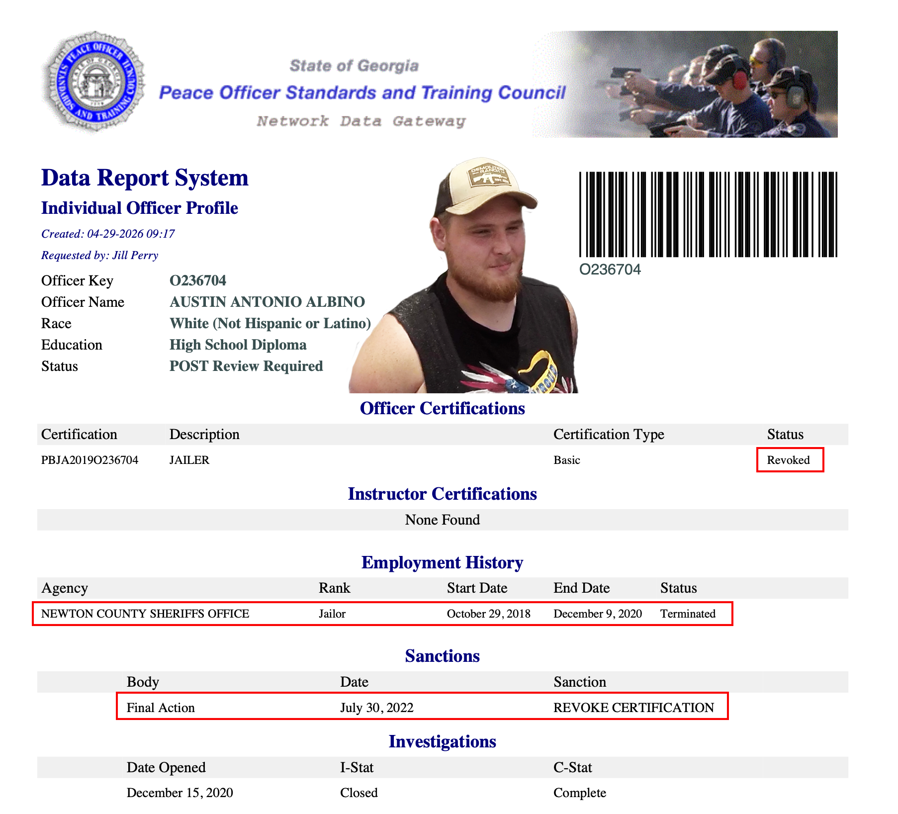 Georgia POST certification record concerning Austin Antonio Albino