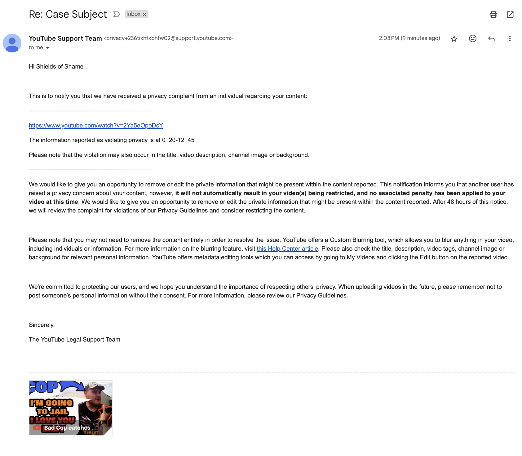 YouTube privacy complaint notification supplied to Shields of Shame