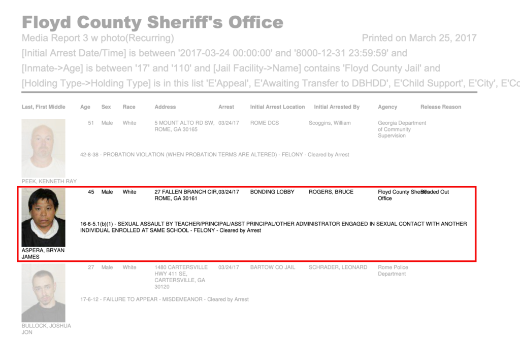 Floyd County Sheriff's Office March 2017 booking report for Bryan James Aspera
