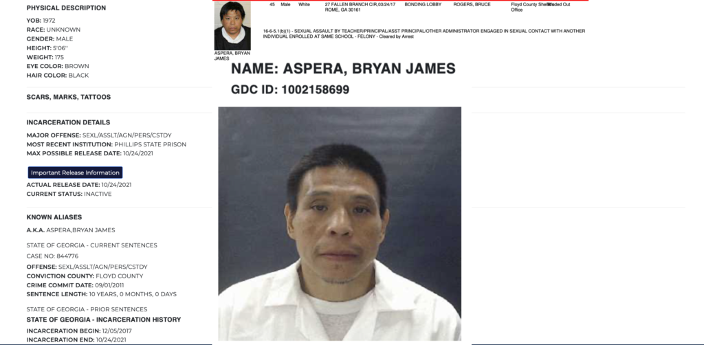 Georgia Department of Corrections public record for Bryan James Aspera