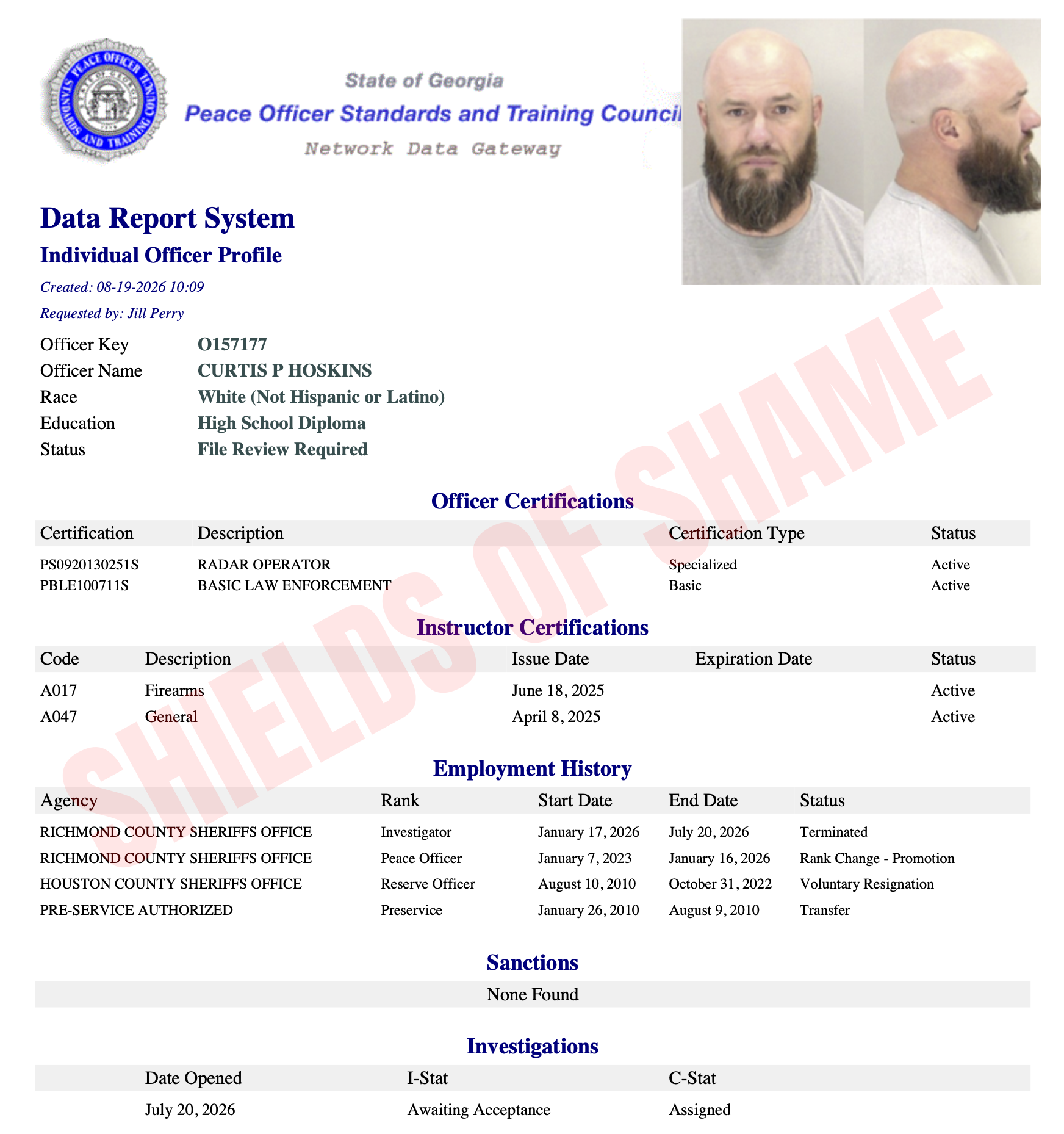 Supplied Georgia POST certification image for Curtis P. Hoskins