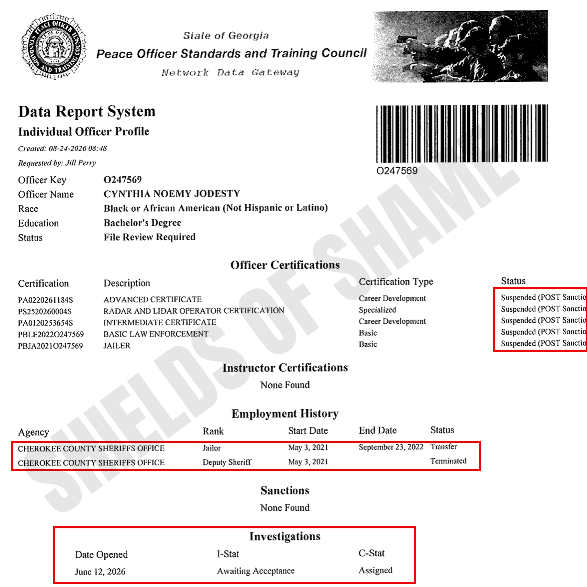 Supplied Georgia POST certification screenshot for Cynthia Jodesty