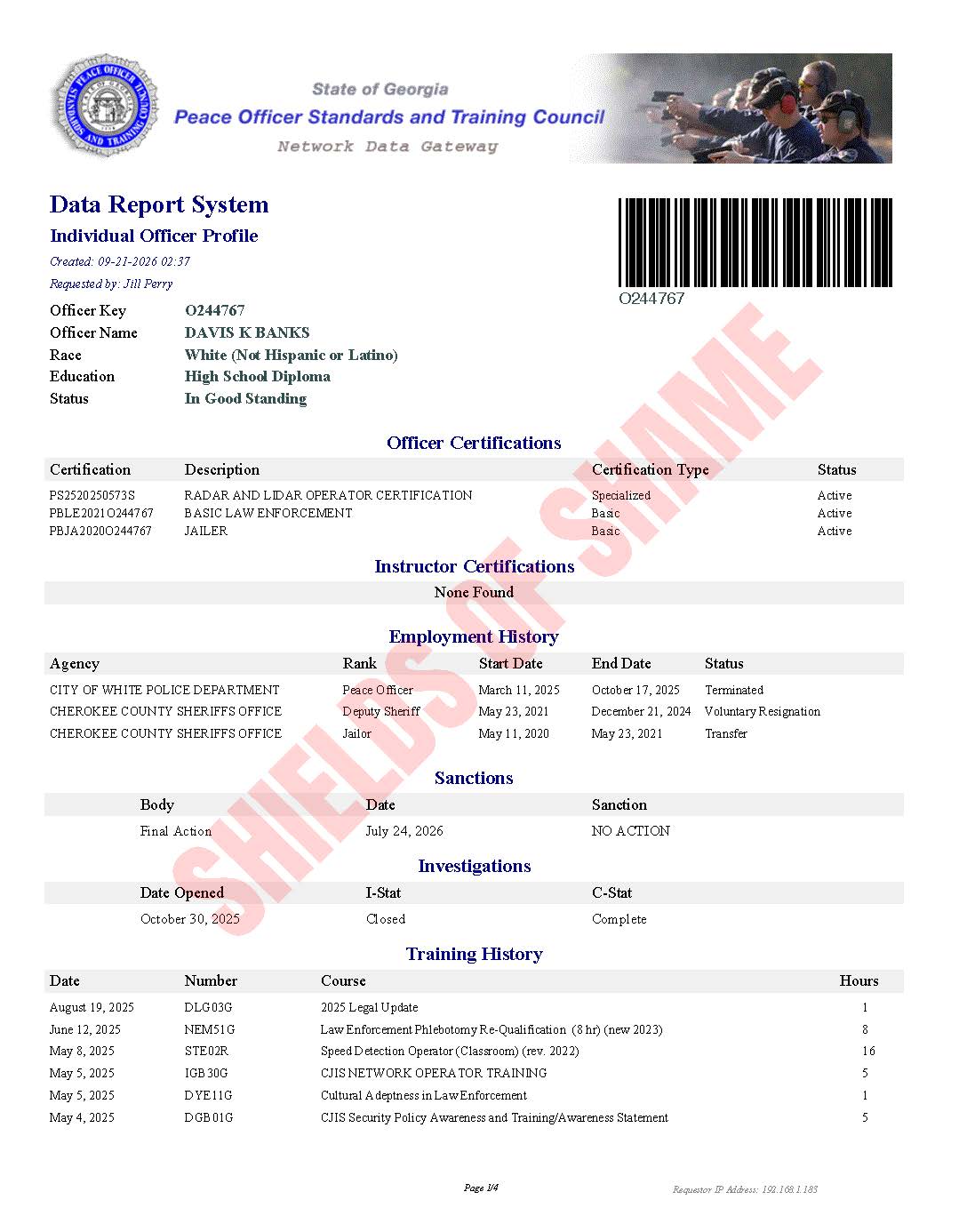Davis K Banks Georgia POST certification image supplied with the case