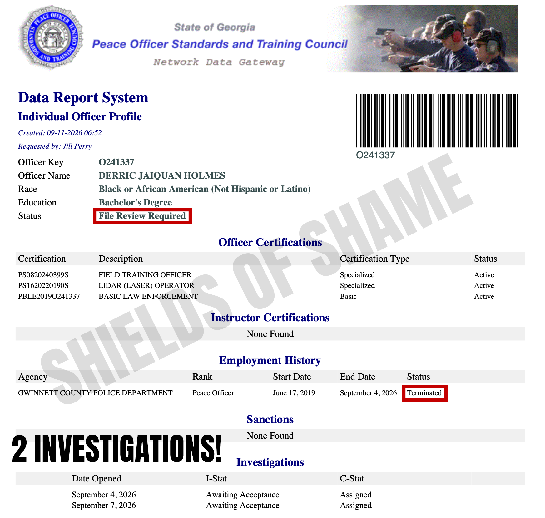 Supplied Georgia POST certification image for Derric Jaiquan Holmes