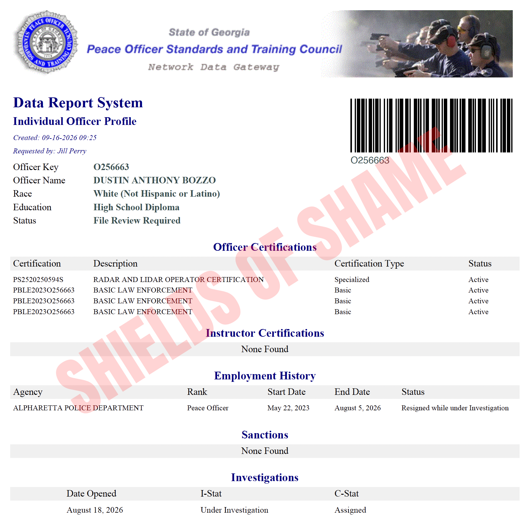 Supplied Georgia POST certification image for Dustin Anthony Bozzo