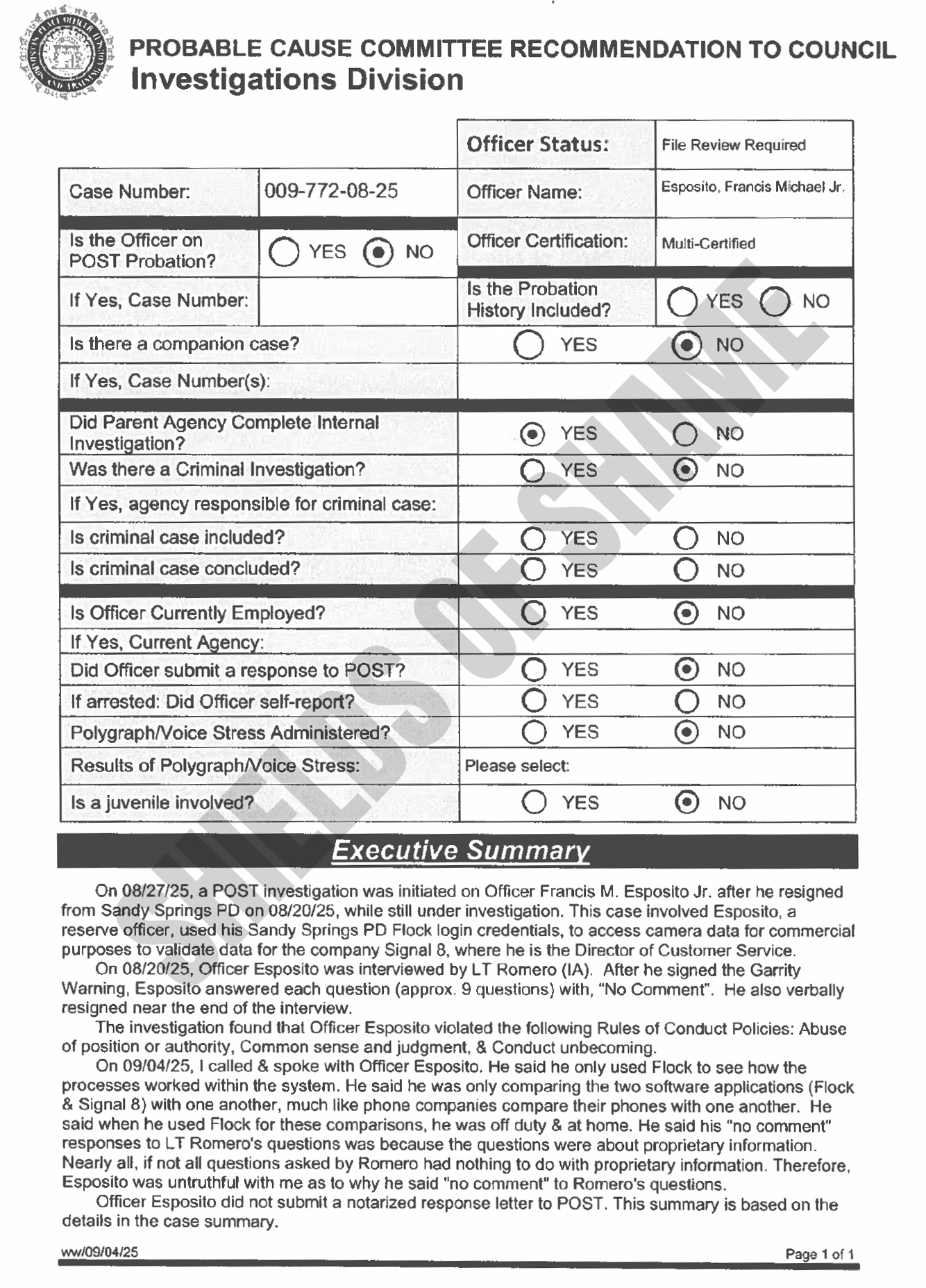 Supplied Georgia POST case summary concerning Francis Michael Esposito Jr.