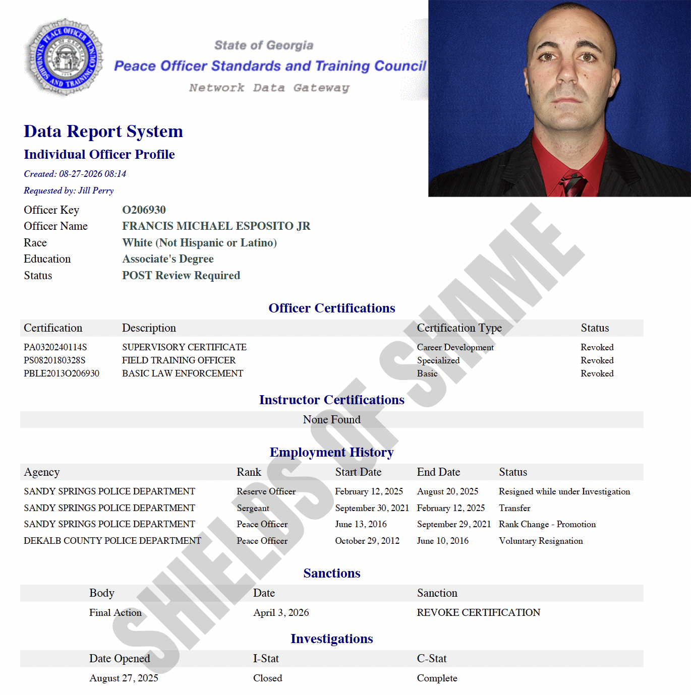 Georgia POST certification image reporting revoked credentials for Francis Michael Esposito Jr.
