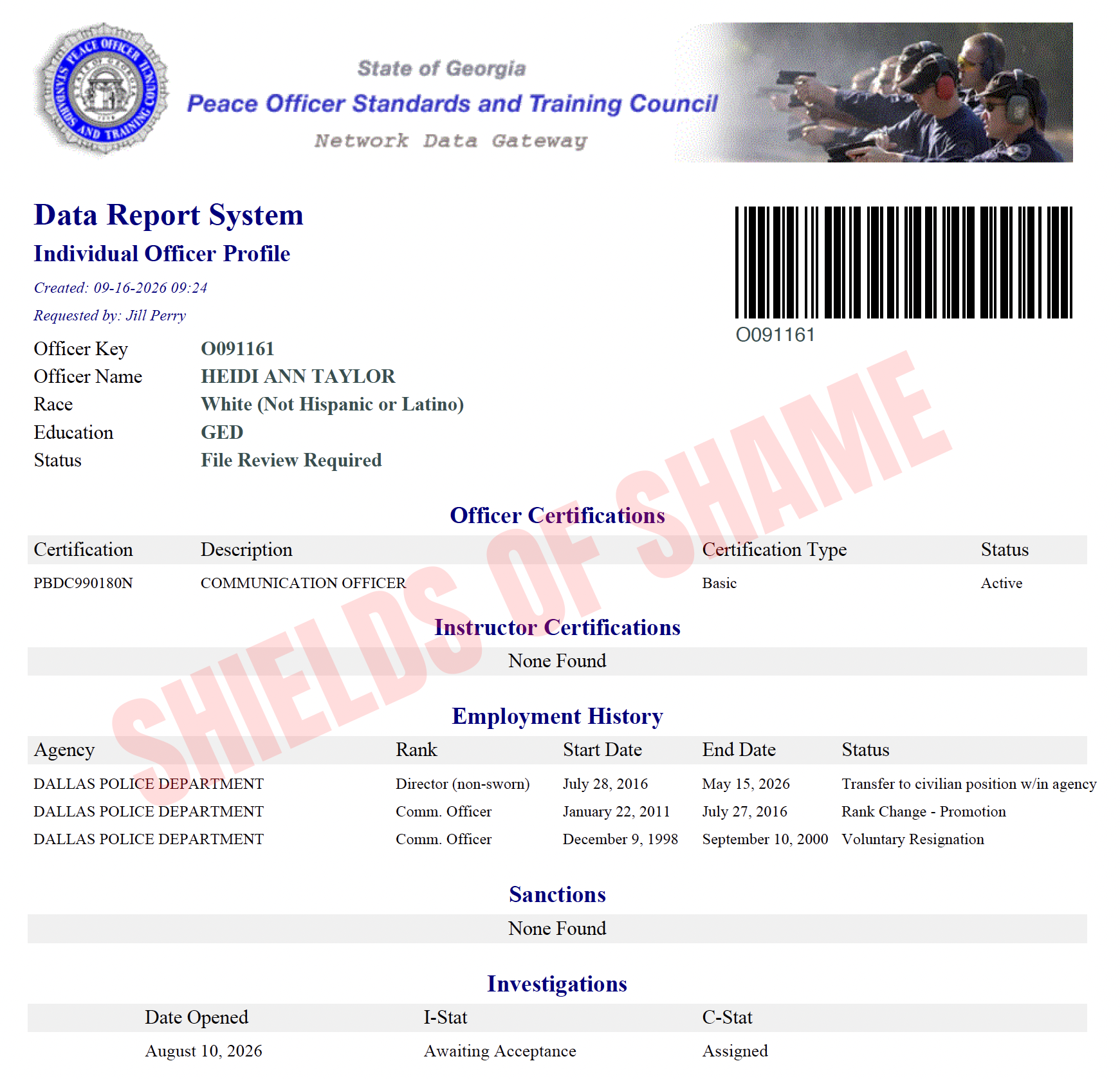 Supplied Georgia POST communications certification snapshot for Heidi Ann Taylor