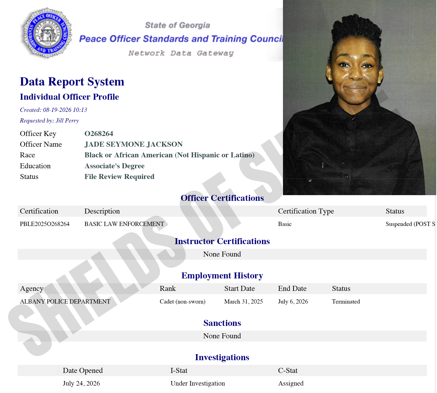 Georgia POST certification snapshot for Jade Jackson