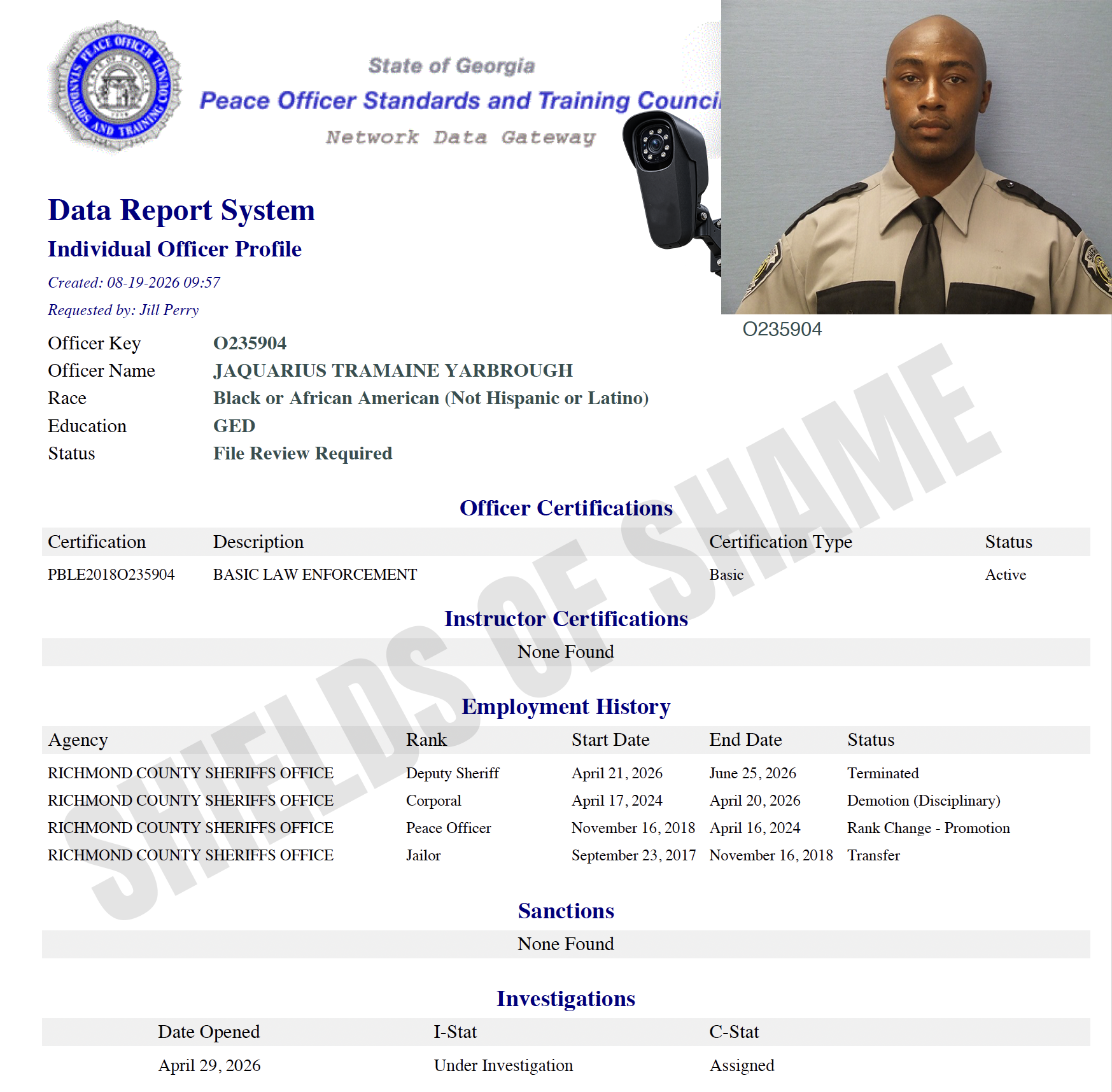Supplied Georgia POST certification screenshot for Jaquarius Yarbrough
