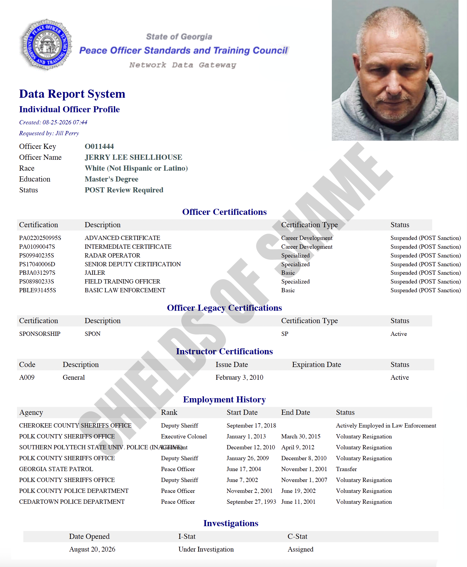 Supplied Georgia POST certification image for Jerry Lee Shellhouse