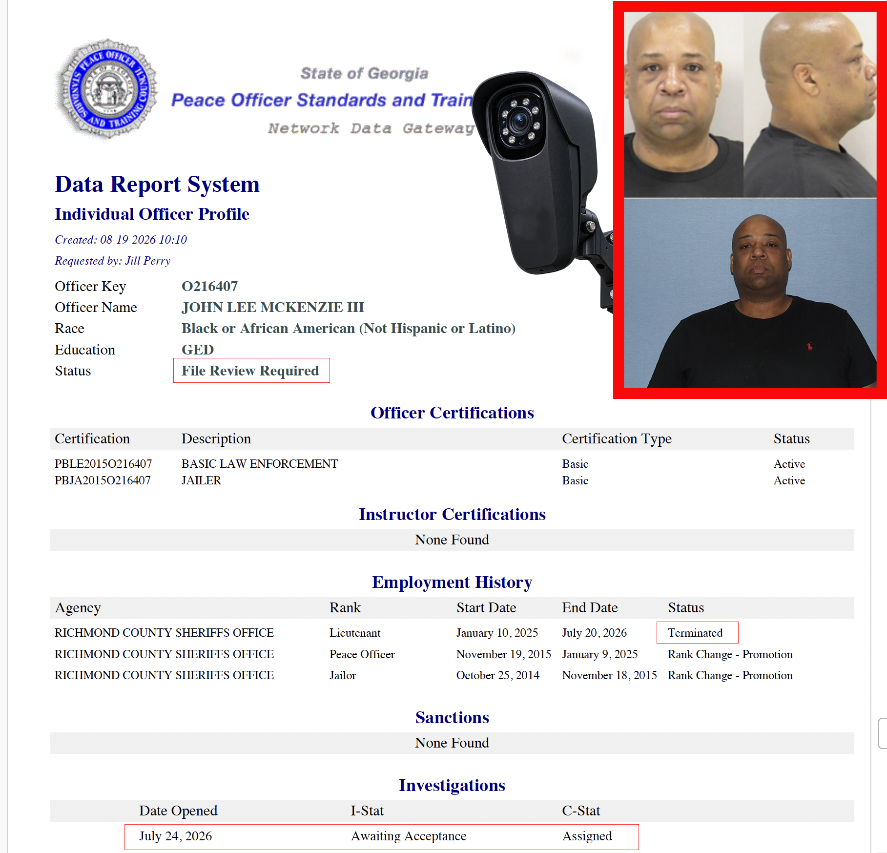 Supplied historical Georgia POST certification screenshot