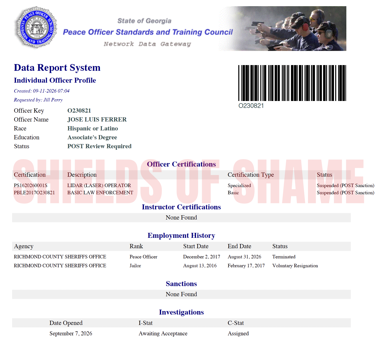 Historical Georgia POST certification screenshot for Jose Luis Ferrer