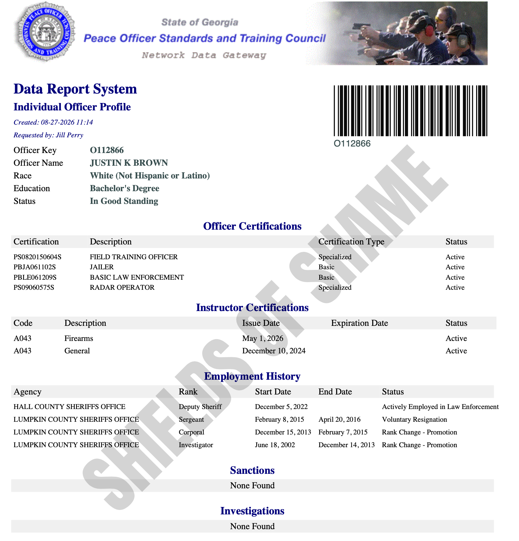 Georgia POST certification screenshot for Justin K Brown