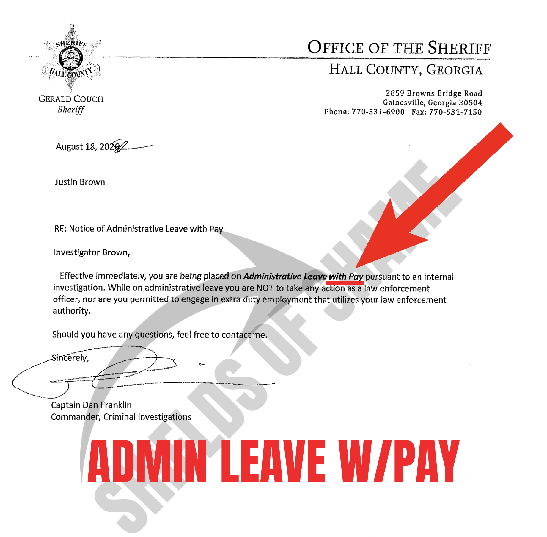 Hall County notice placing Justin Brown on administrative leave with pay