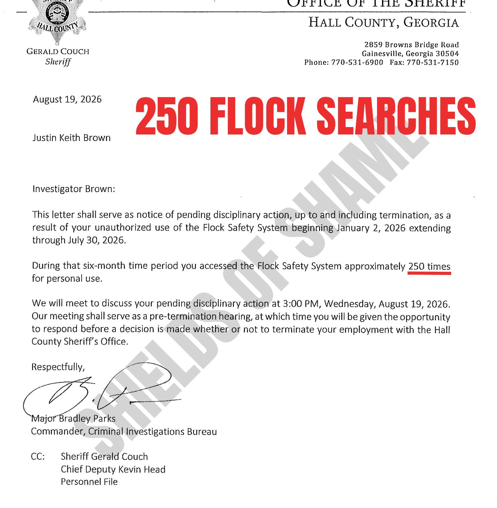 Hall County disciplinary document excerpt referencing approximately 250 personal Flock accesses