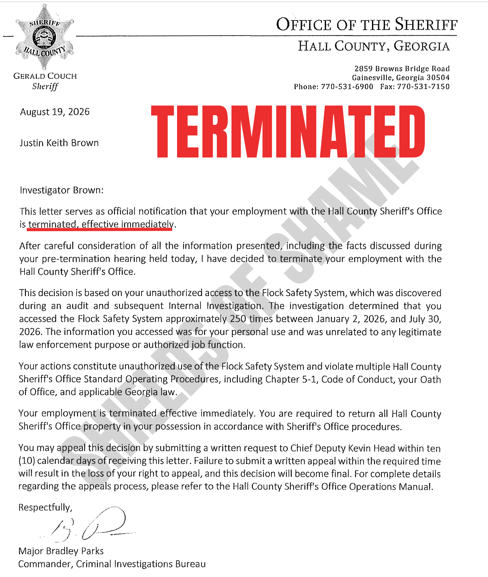 Hall County termination document for former investigator Justin Keith Brown