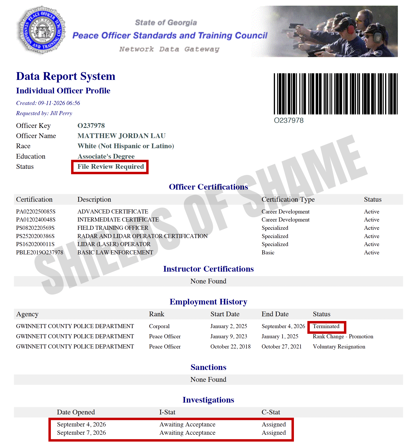 Matthew Jordan Lau — supplied historical Georgia POST certification screenshot