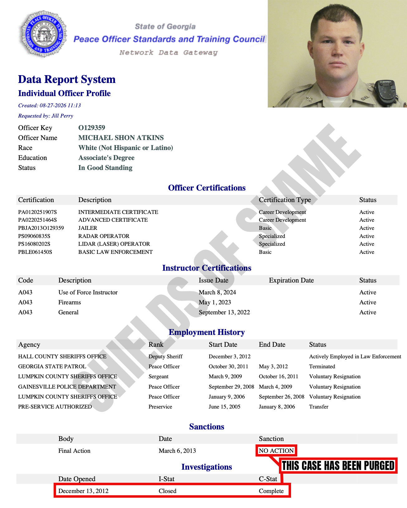 Michael Shon Atkins Georgia POST certification record