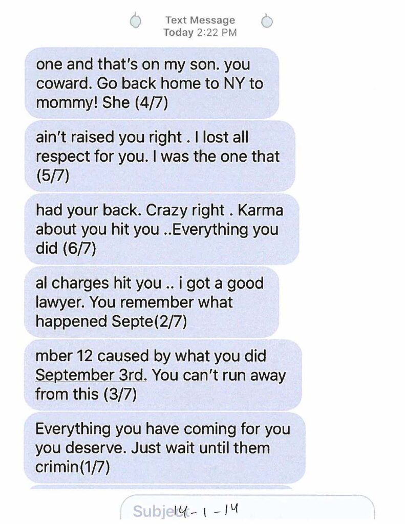 Exhibit page 163. Messages referencing the September confrontation and possible charges. Screenshot excerpts should be interpreted with the full investigative file.