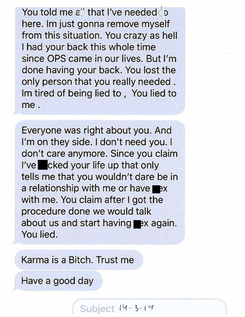 Exhibit page 165. Messages about the relationship, alleged promises and the OPS investigation. Screenshot excerpts should be interpreted with the full investigative file.