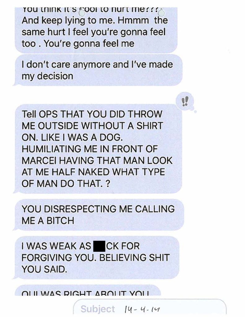 Exhibit page 166. Njoku's account of being thrown outside without a shirt. Screenshot excerpts should be interpreted with the full investigative file.