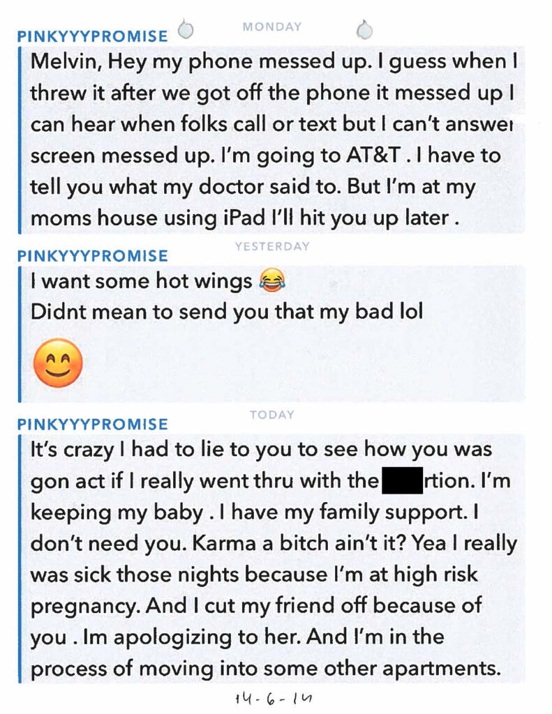 Exhibit page 168. Message acknowledging a false statement about an abortion and discussing pregnancy. Screenshot excerpts should be interpreted with the full investigative file.