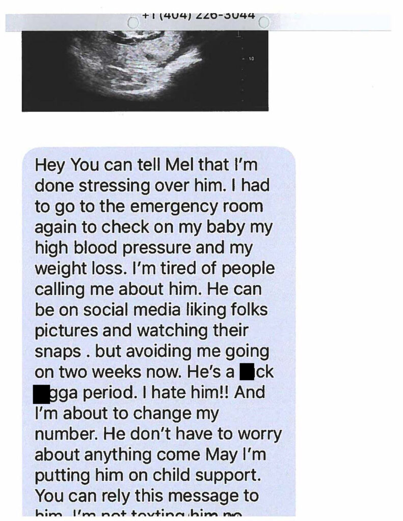 Exhibit page 175. Messages reporting medical concerns and possible child support. Screenshot excerpts should be interpreted with the full investigative file.