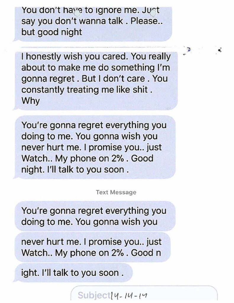 Exhibit page 176. Messages expressing distress and warning of consequences. Screenshot excerpts should be interpreted with the full investigative file.