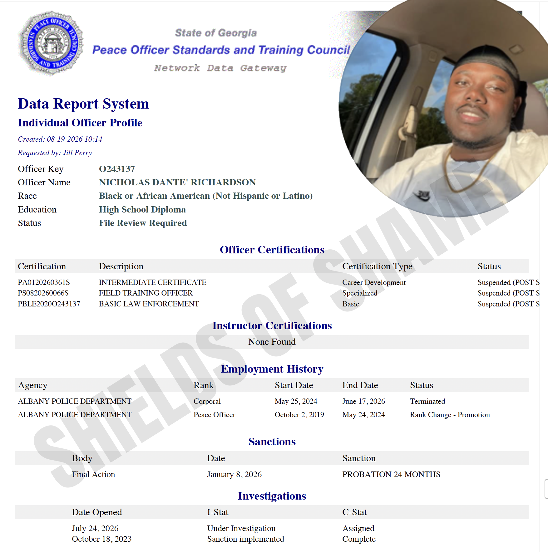 Nicholas Richardson certification record supplied for investigation