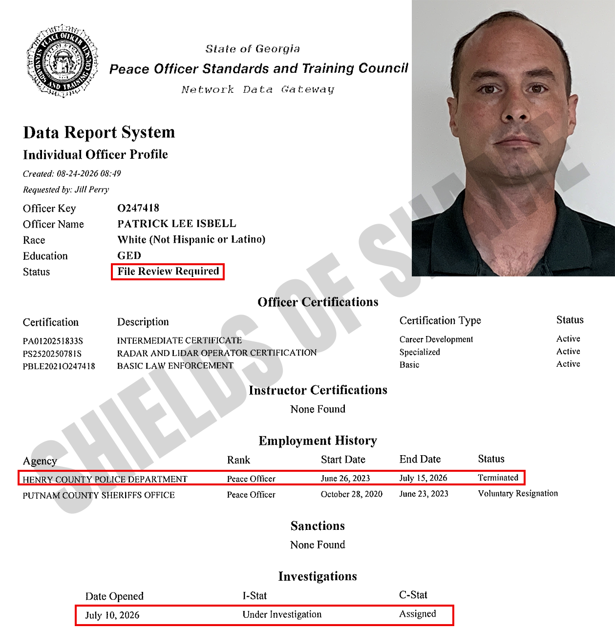Patrick Lee Isbell Georgia POST certification record showing employment and certification history