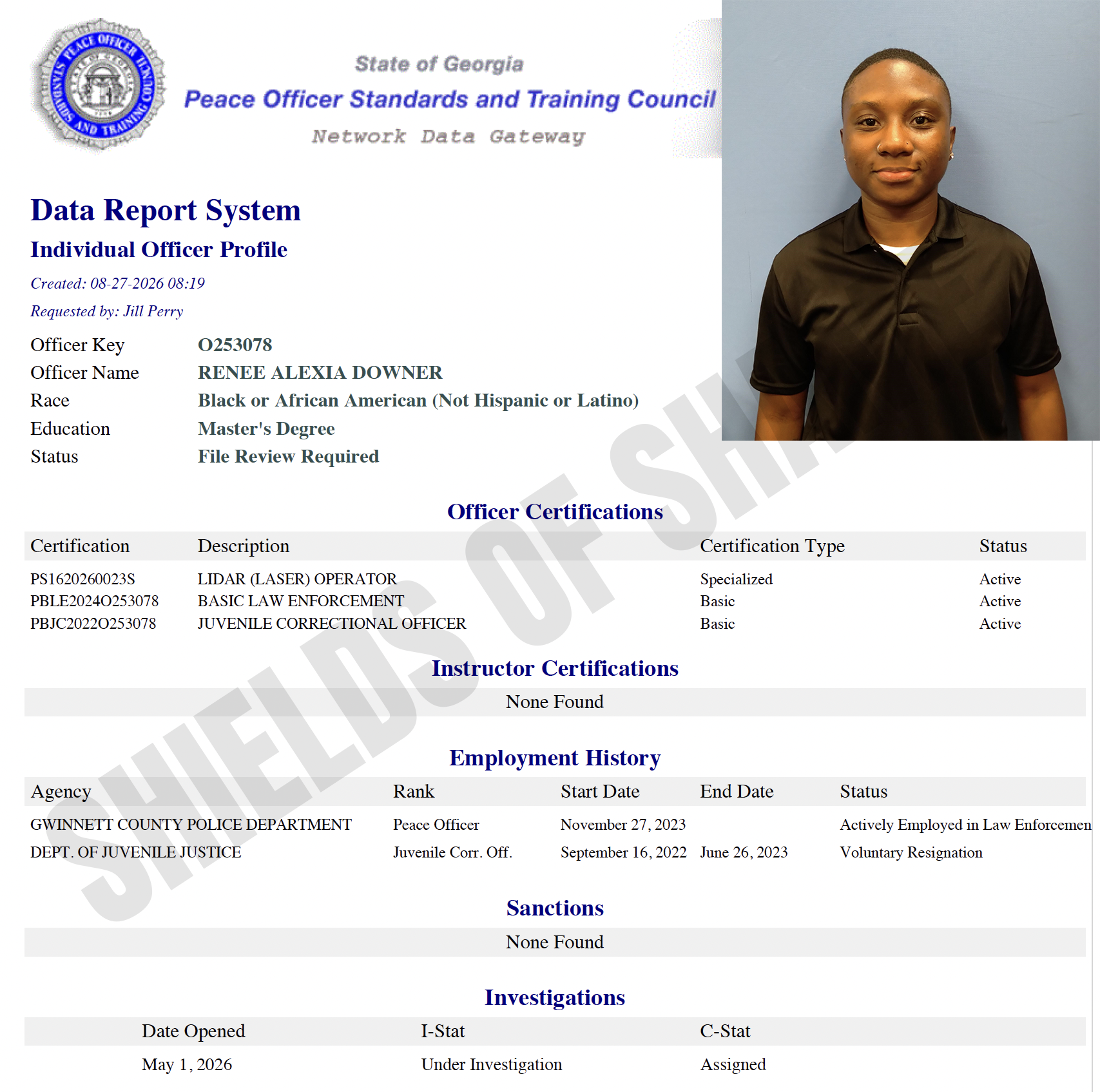 Renee Alexia Downer Georgia POST certification screenshot