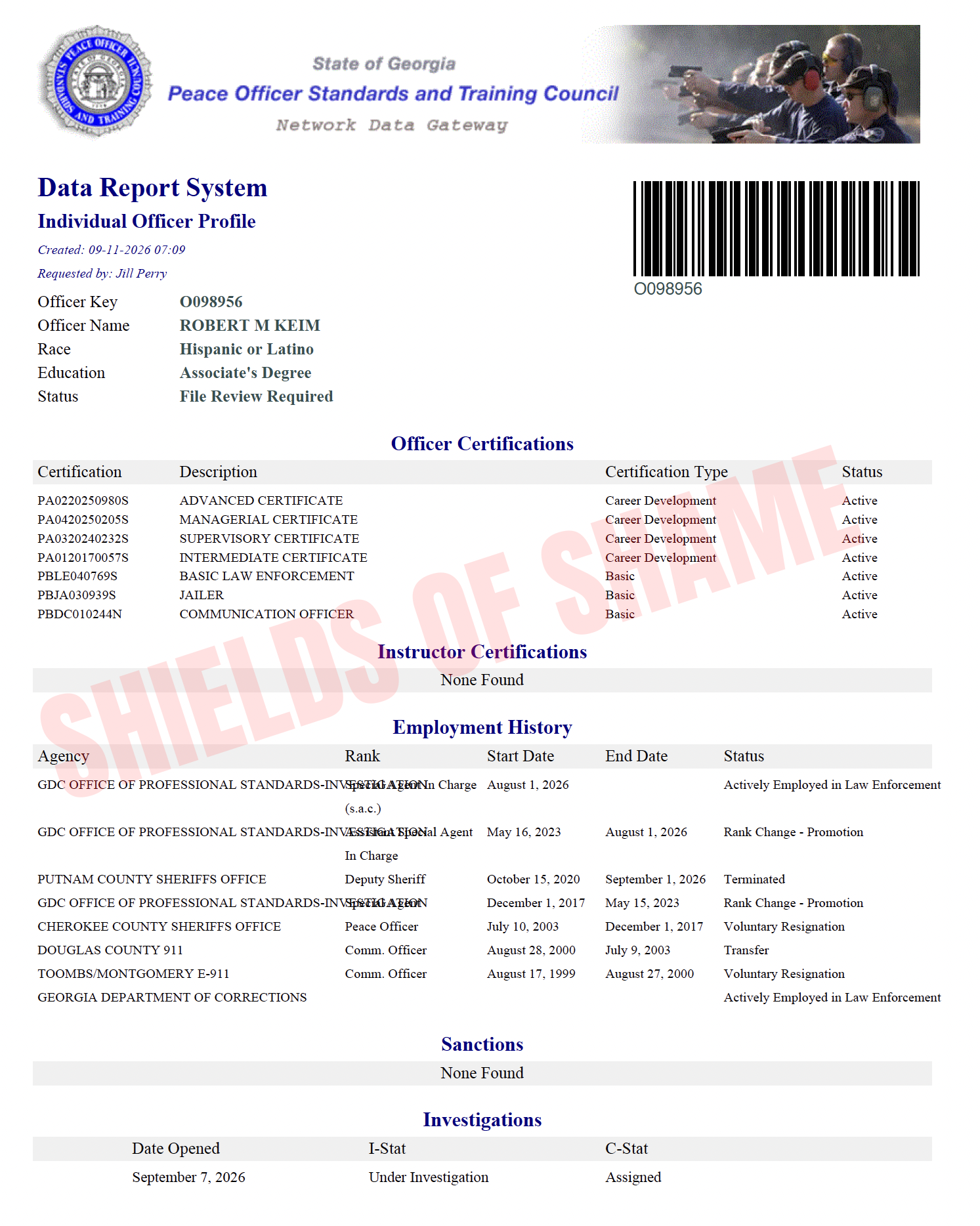 Robert Michael Keim Georgia POST certification and employment record screenshot