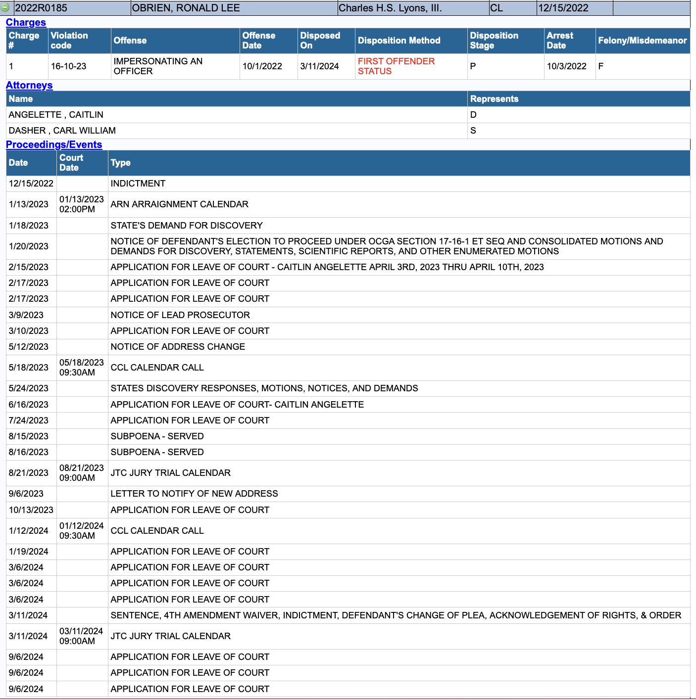 Court docket screenshot for Ronald Lee O'Brien case 2022R0185