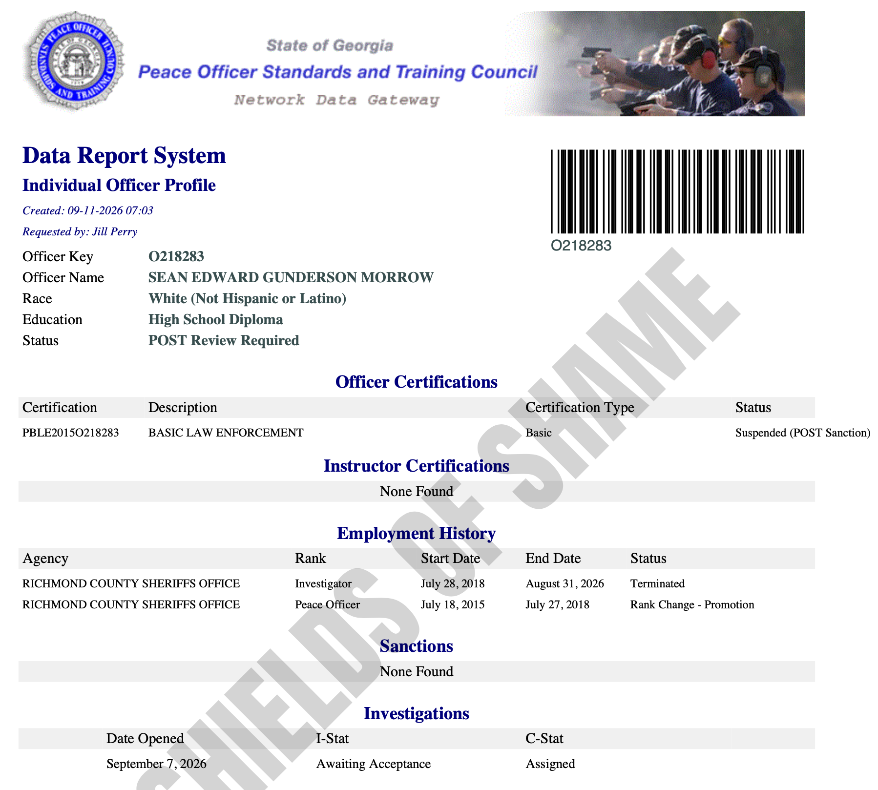 Sean Morrow Georgia POST certification screenshot showing suspended certification