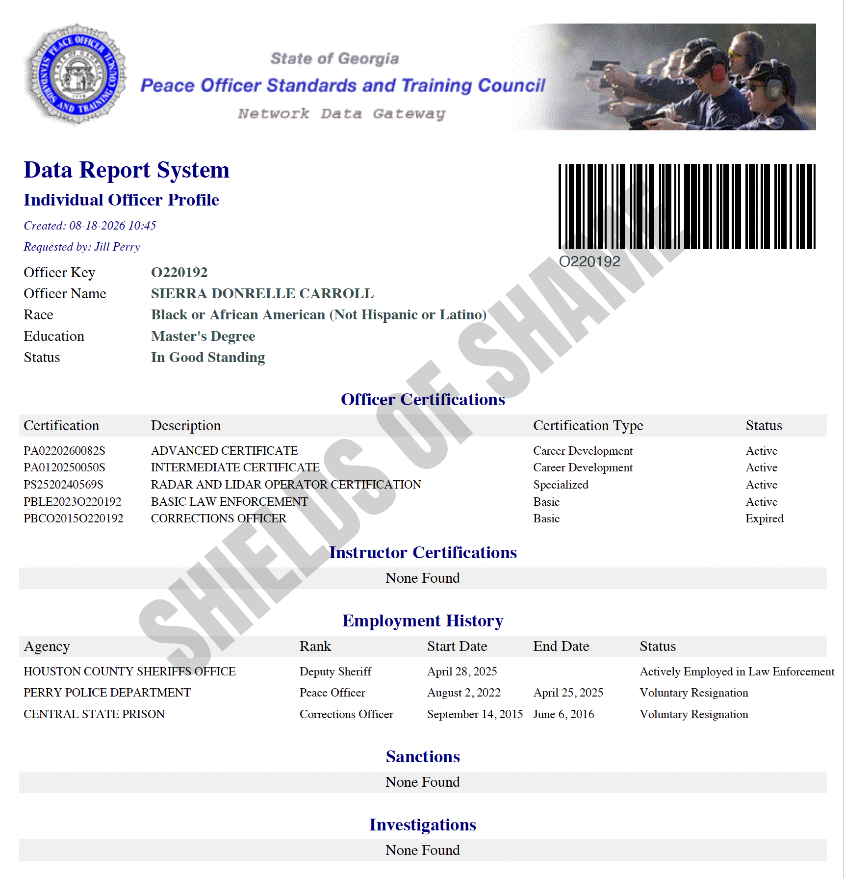 Sierra Carroll Georgia POST certification screenshot