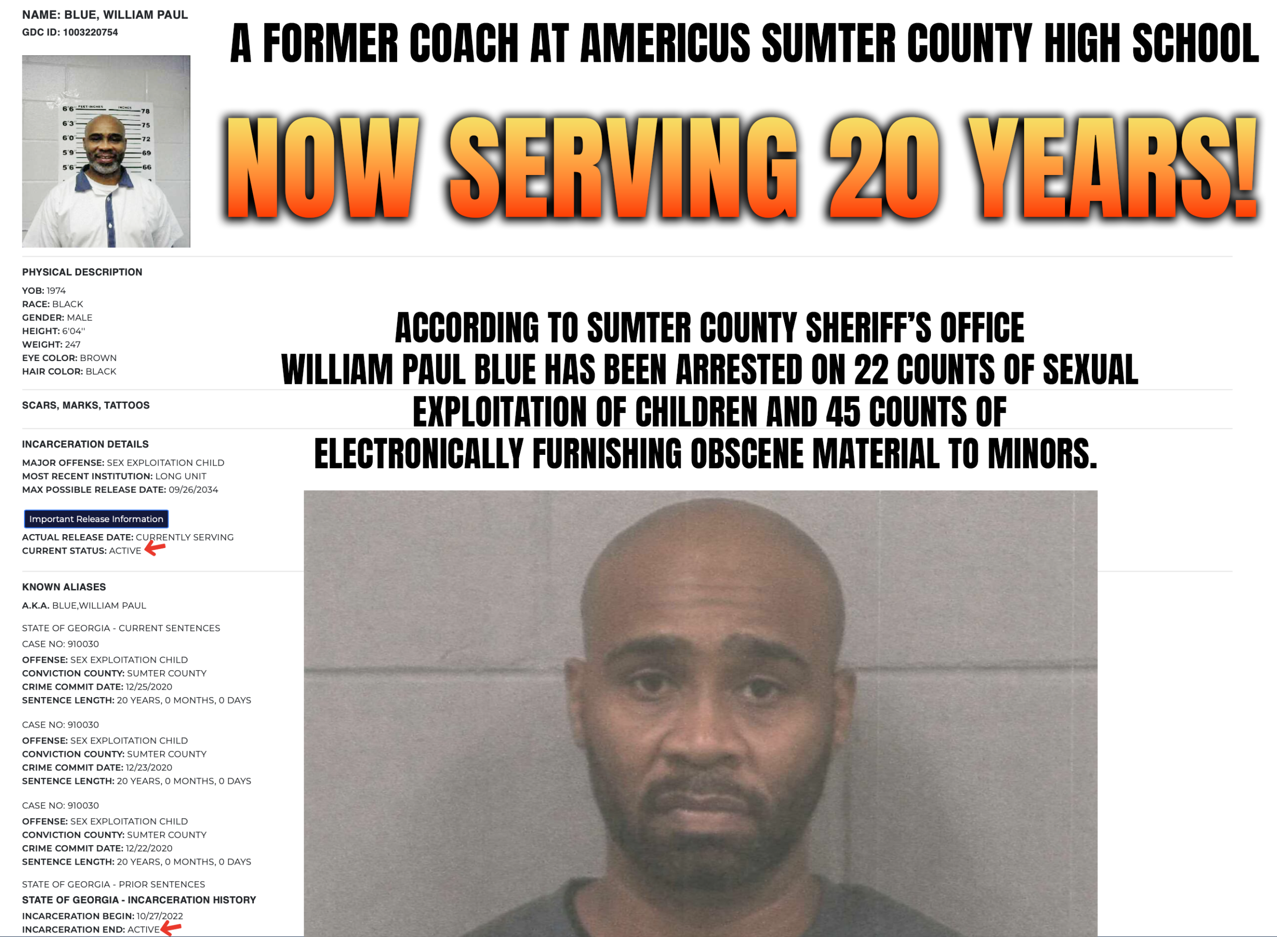 Shields of Shame case graphic showing William Paul Blue and Georgia corrections record