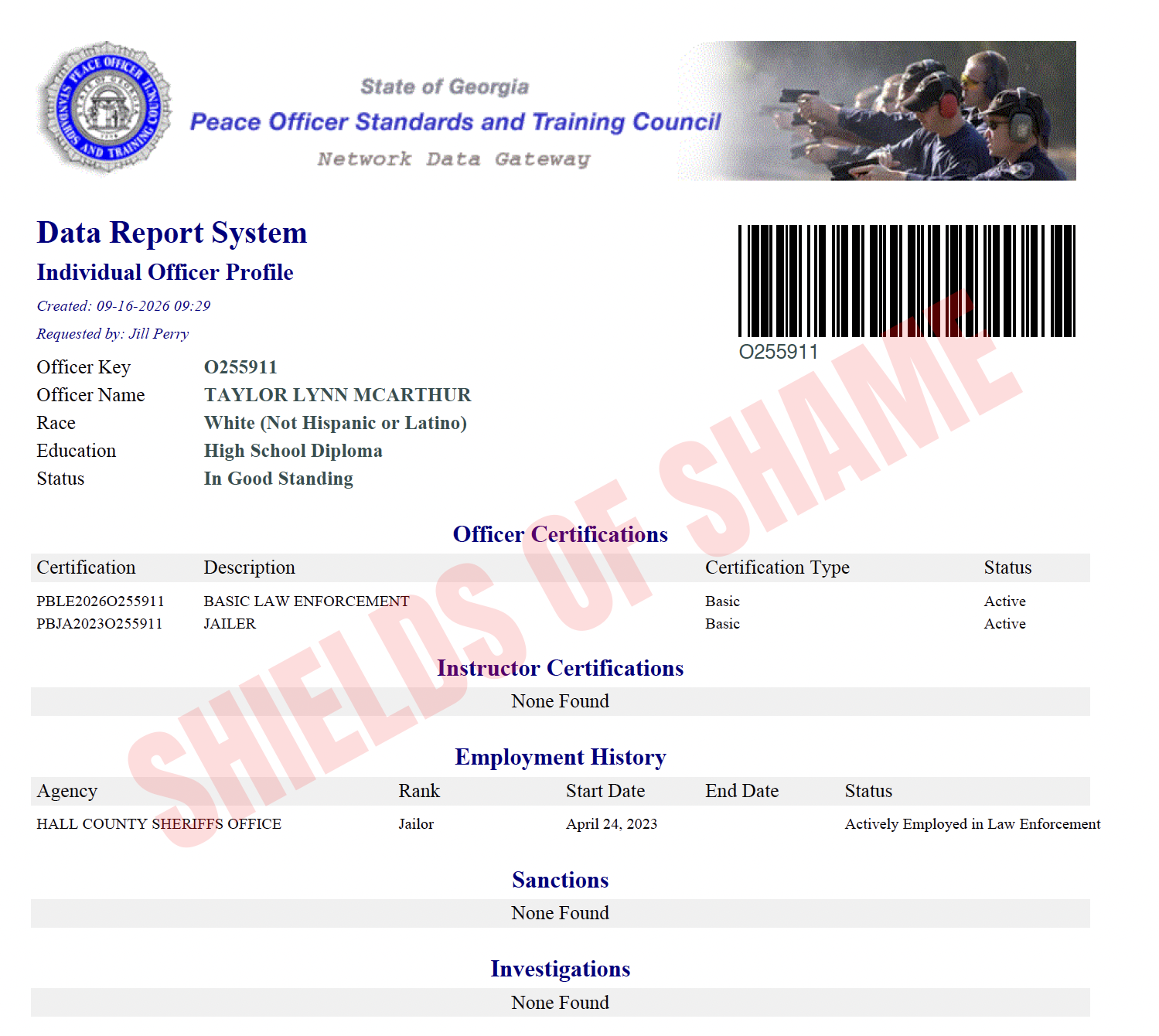 Taylor Lynn McArthur Georgia POST certification and employment profile screenshot