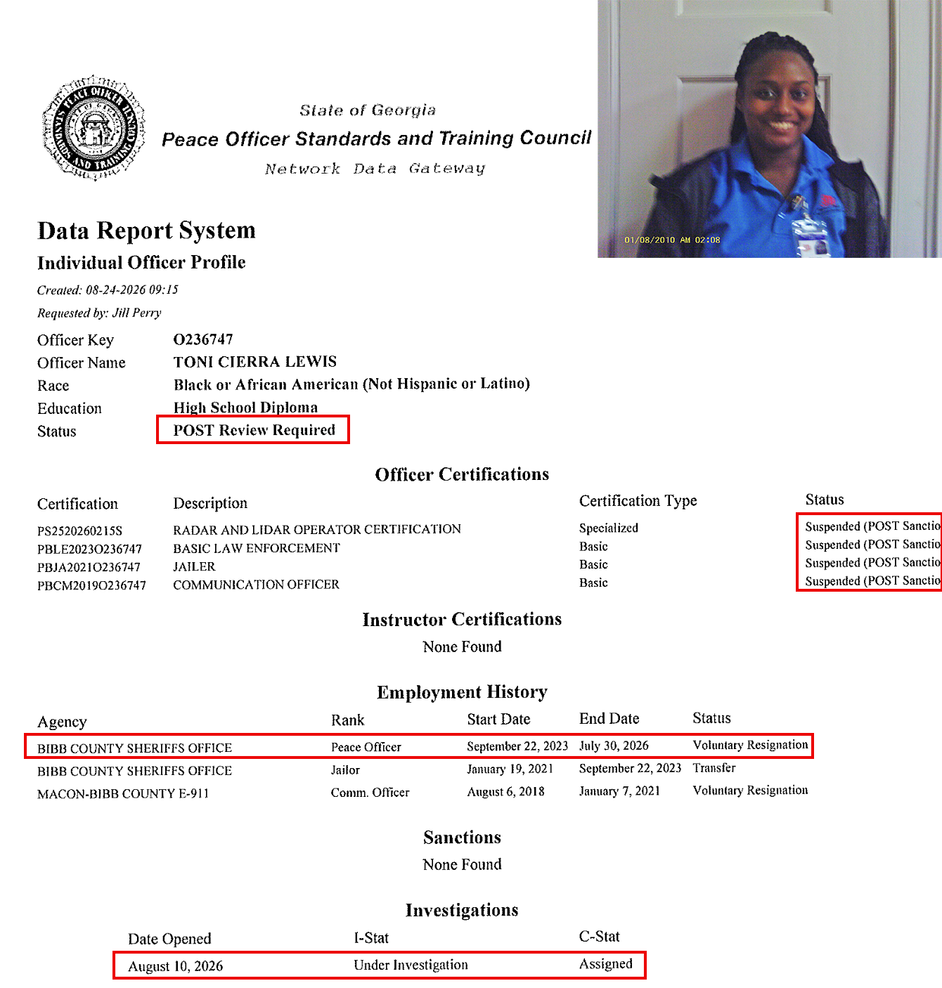 Toni Cierra Lewis Georgia POST certification screenshot