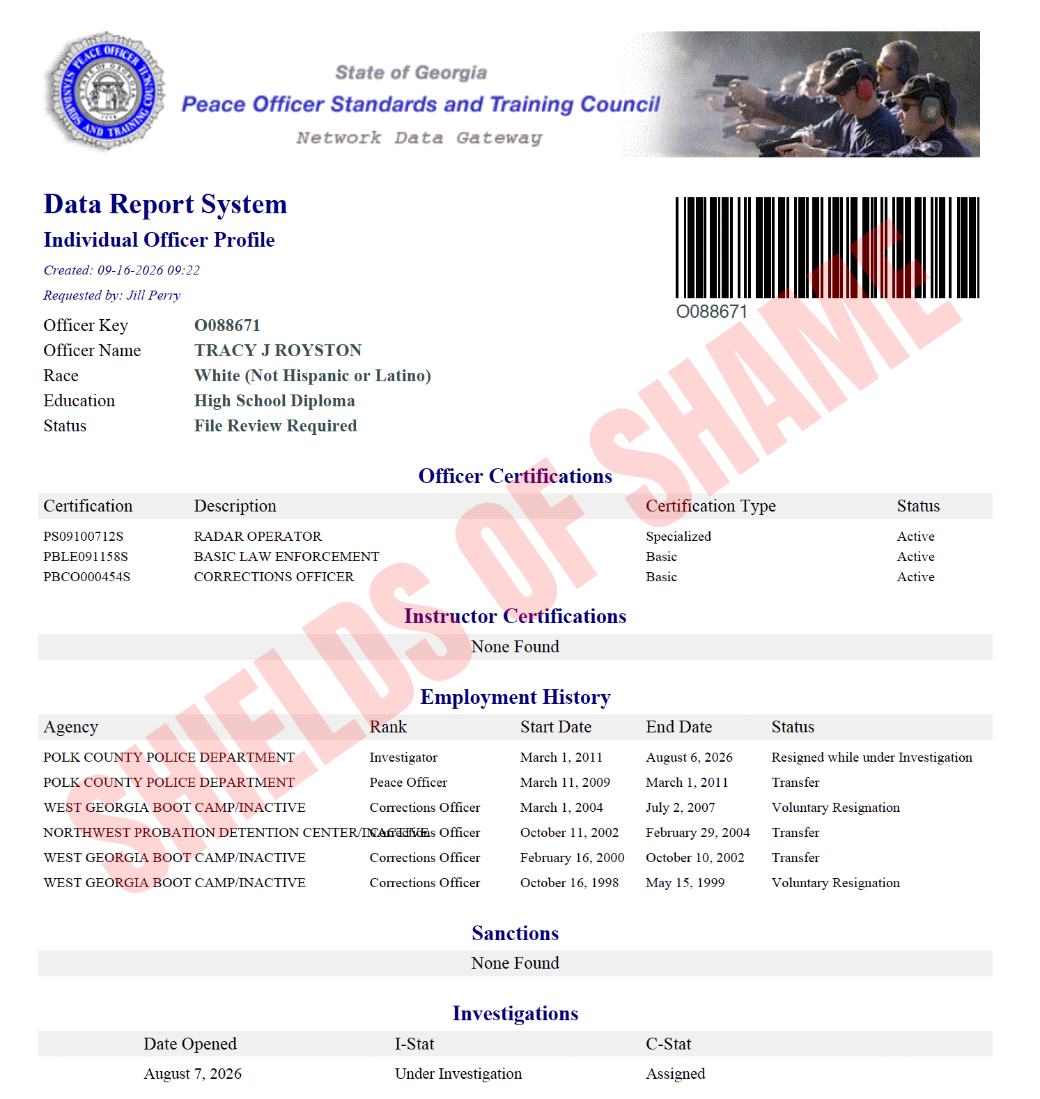 Tracey J Royston Georgia POST certification and file review status screenshot