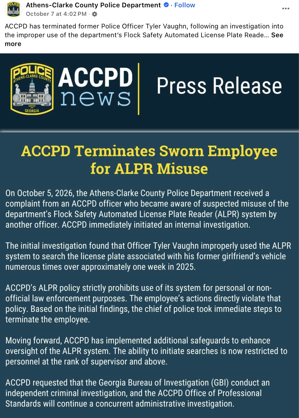 Athens-Clarke County Police October 7, 2026 announcement of Tyler Vaughn’s termination