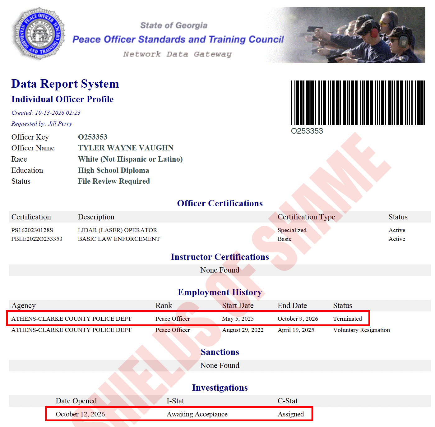 Georgia POST certification and status record for Tyler Wayne Vaughn
