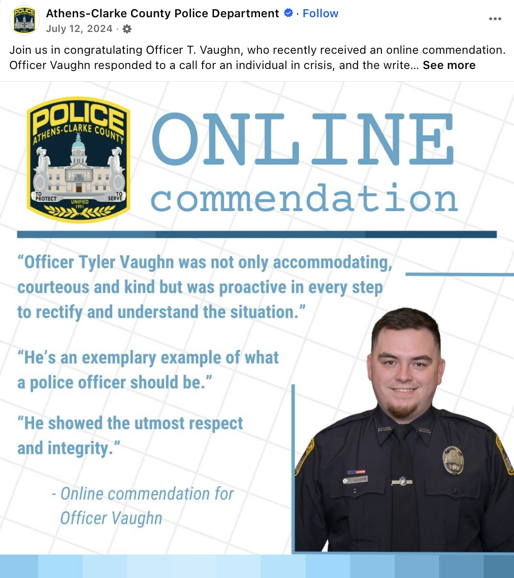 July 12, 2024 Athens-Clarke County Police online commendation for Officer Tyler Vaughn