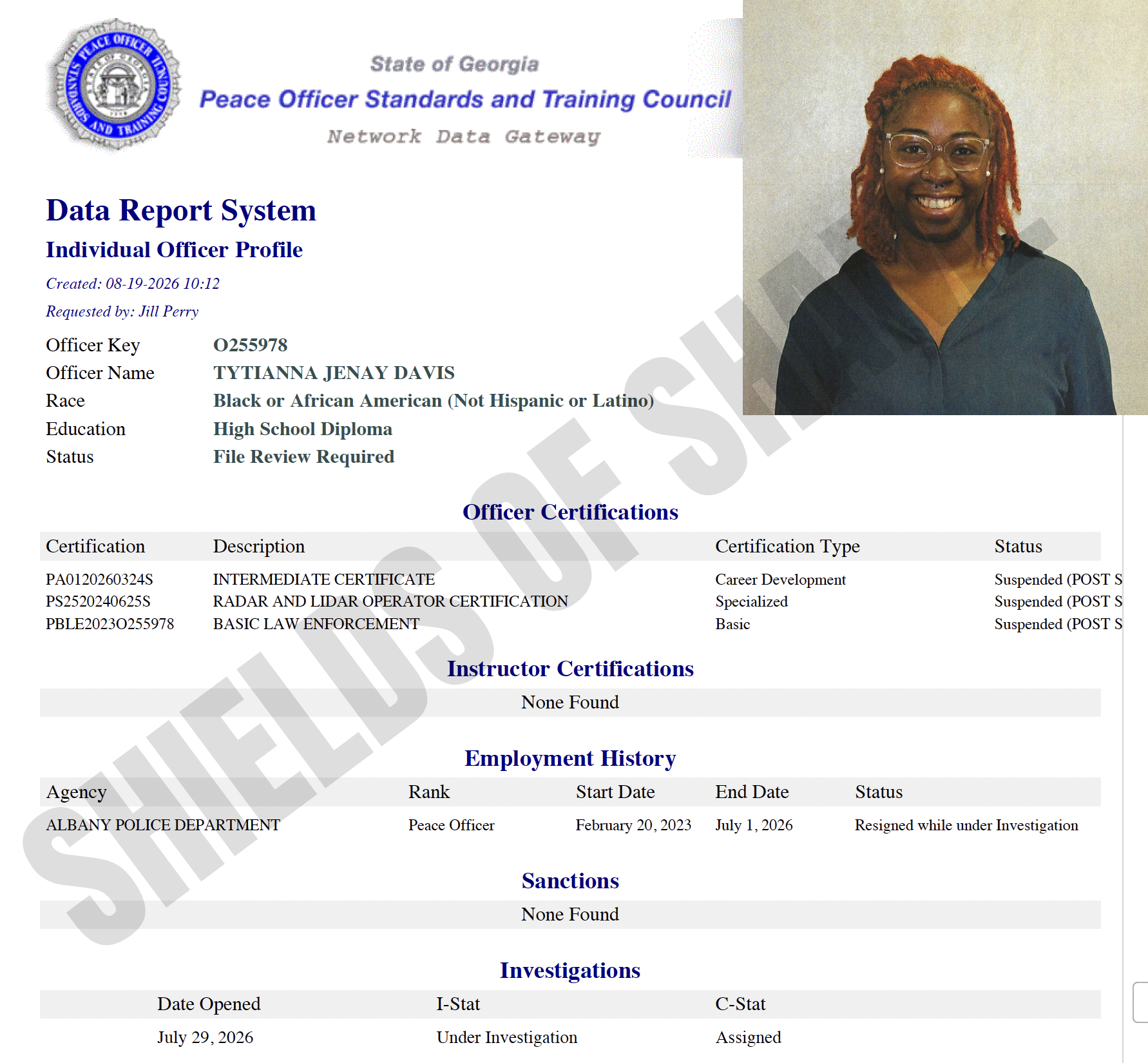 Tytianna Jenay Davis Georgia POST certification and employment screenshot
