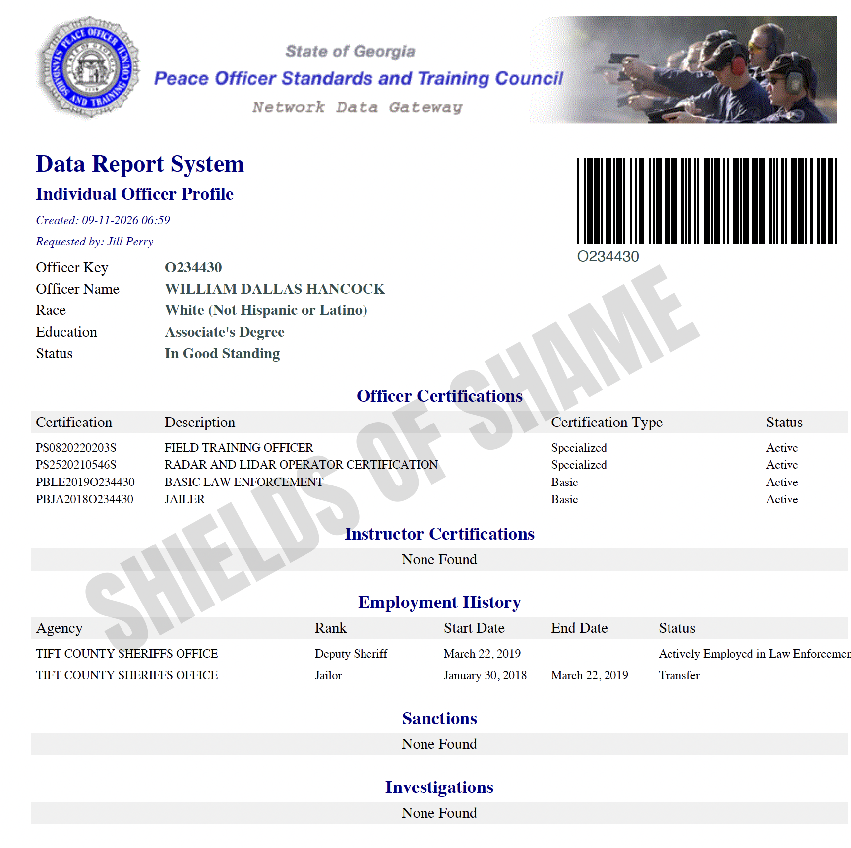 William Dallas Hancock Georgia POST certification and employment screenshot